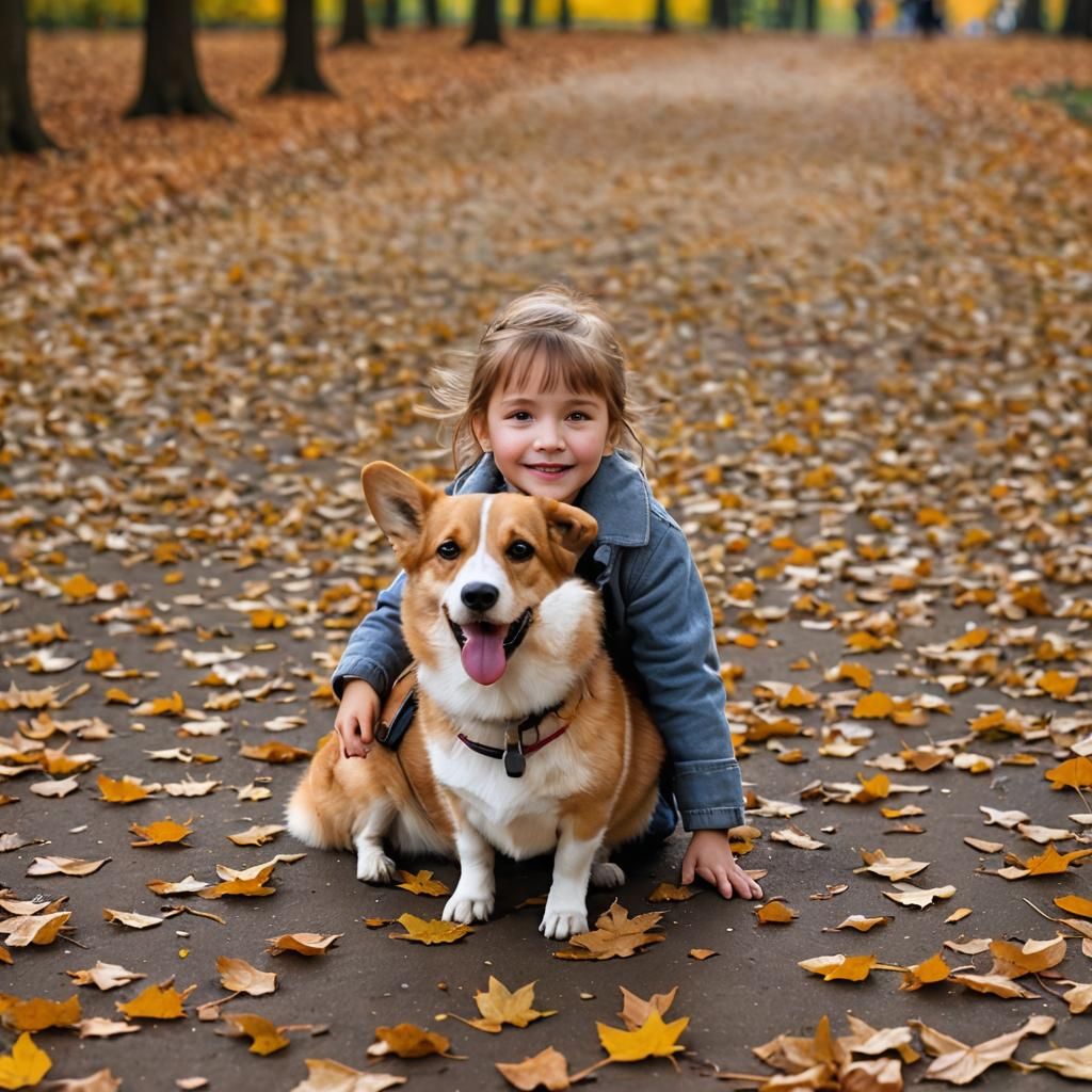 Girl with Corgi in Autumn Park, Bokeh