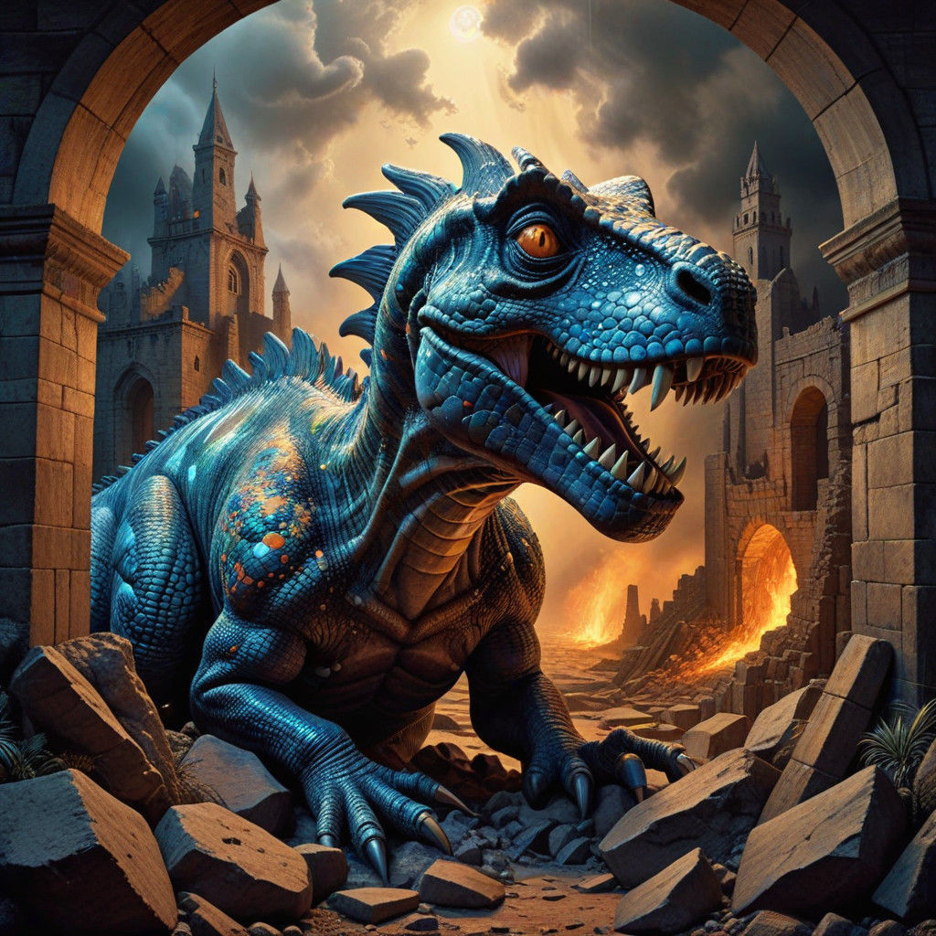 Ethereal Monochrome Dinosaur in Prismatic Ruins