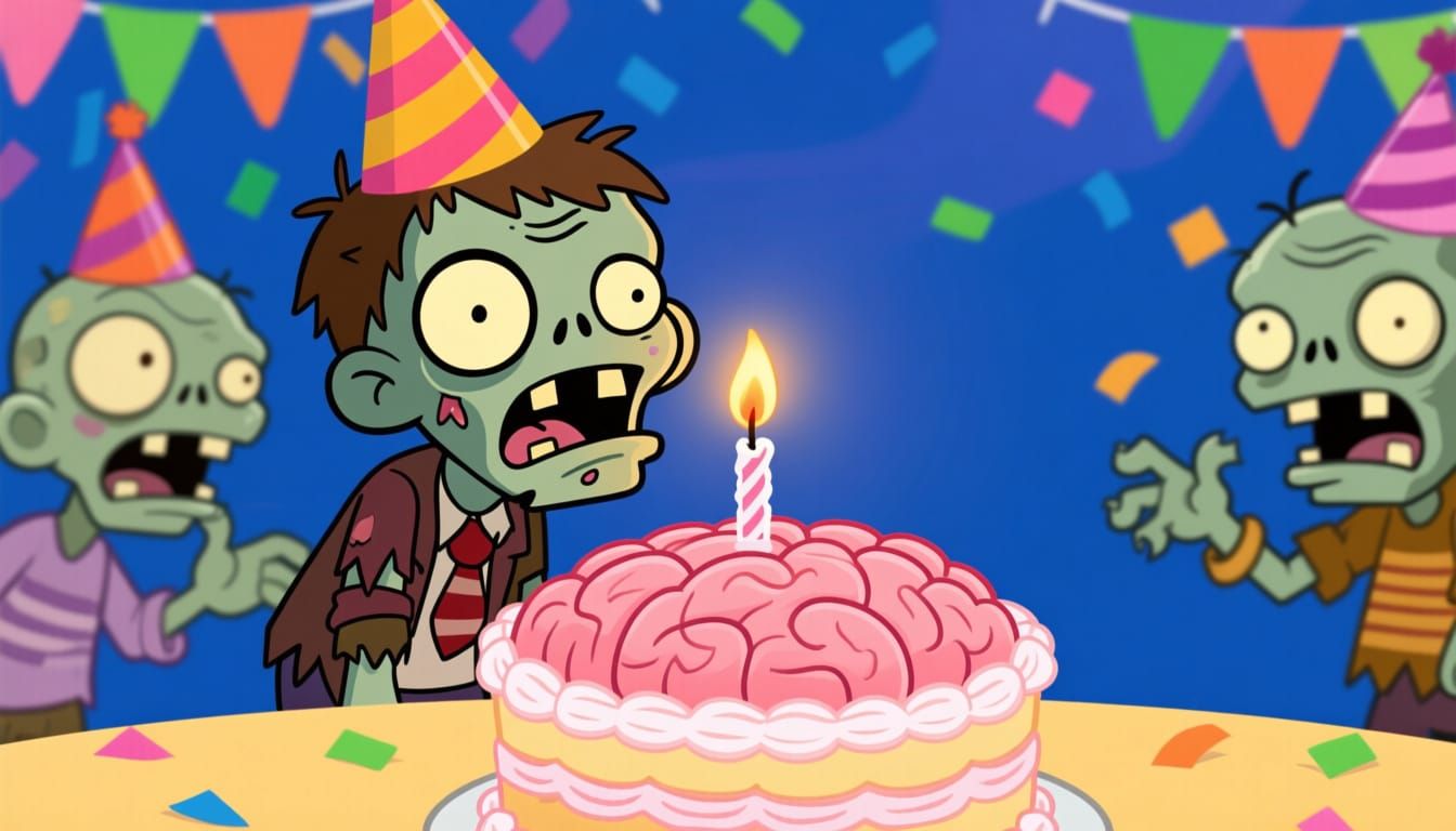 Adorable Zombie Blows Out Candle on Brain Cake