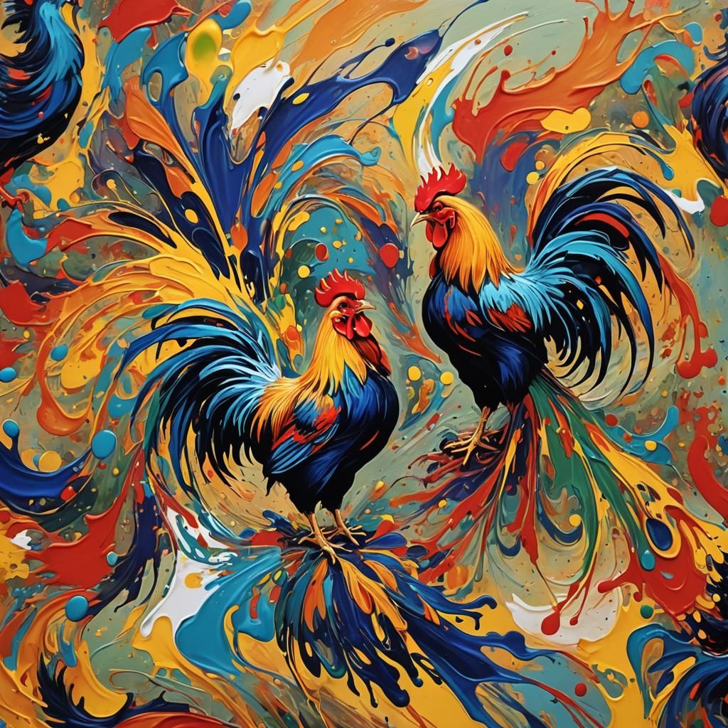 Vivid Abstract Rooster Fight in Poured Paint