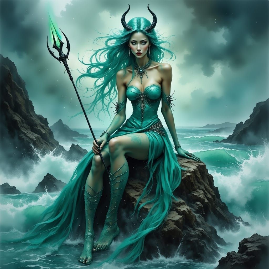 Cyberpunk Siren Demon Lord in Stormy Ocean