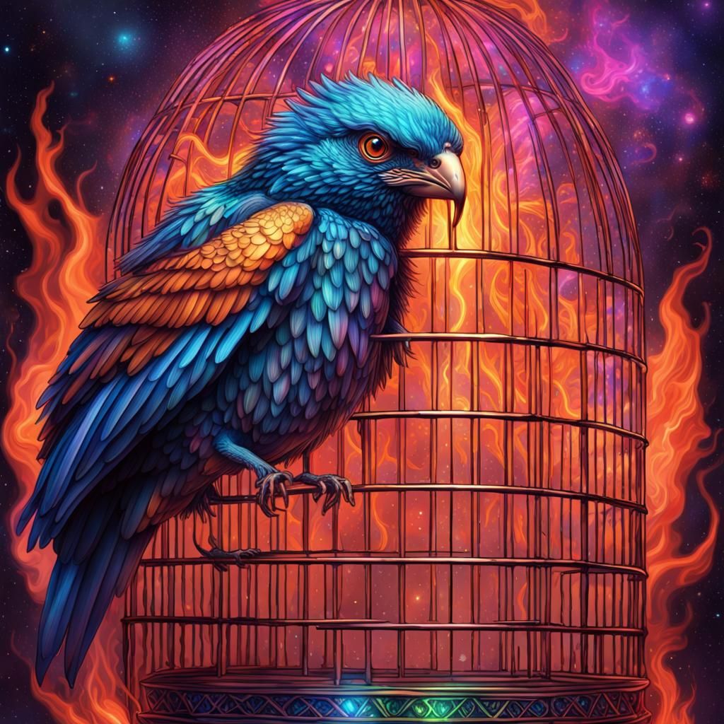 Fiery Phoenix Rising from Ashes, Holographic Illustration