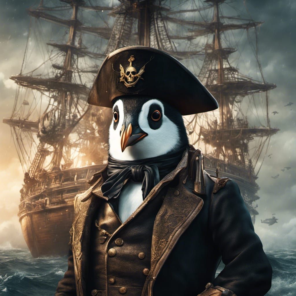Penguin Pirate Captain on Steampunk Ship