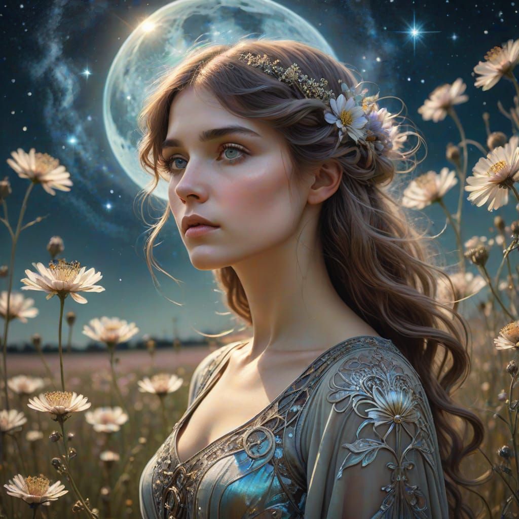 Art Nouveau Portrait: Galactic Eyes and Spectral Flowers