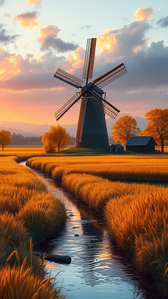 Peaceful Golden Hour Windmill Scene with Autumnal Colors