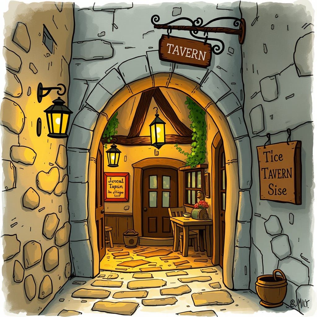 Cozy Tavern Entrance with Warm Lantern Light