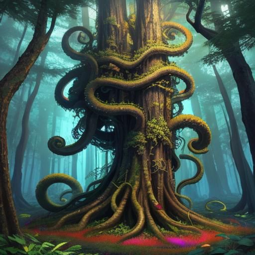 Sentient Tentacle Forest with Vibrant Aura