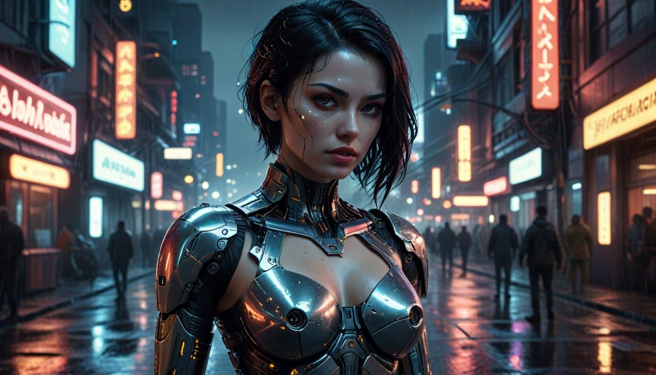 Cyberpunk Android in Neon Cityscape