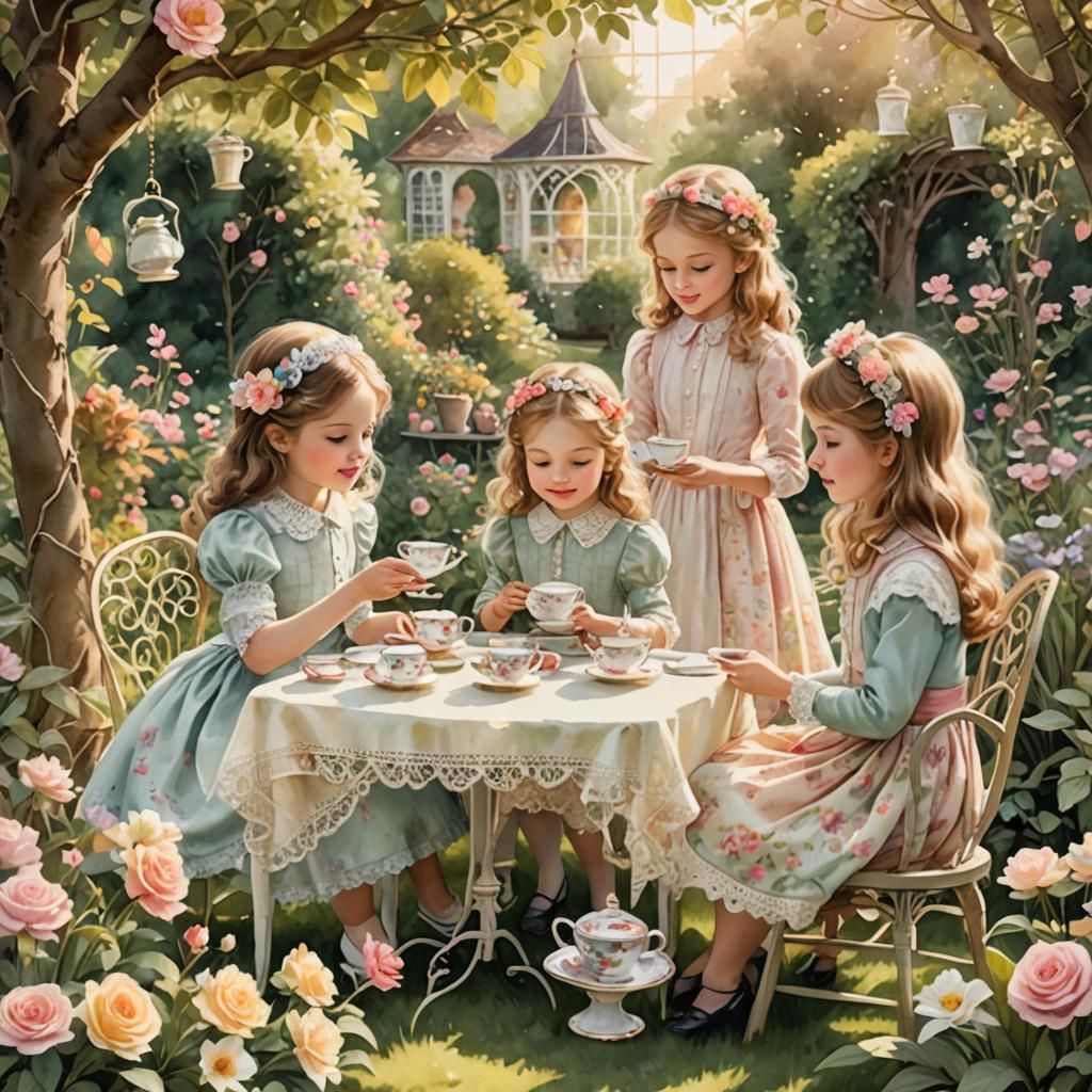 Whimsical Vintage Tea Party in Watercolor Style