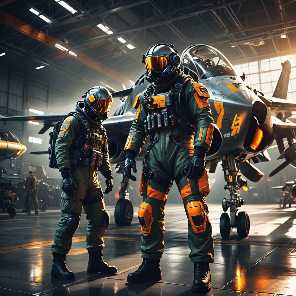 Pilot Inspecting Fighter Plane in Hangar: Digital Art