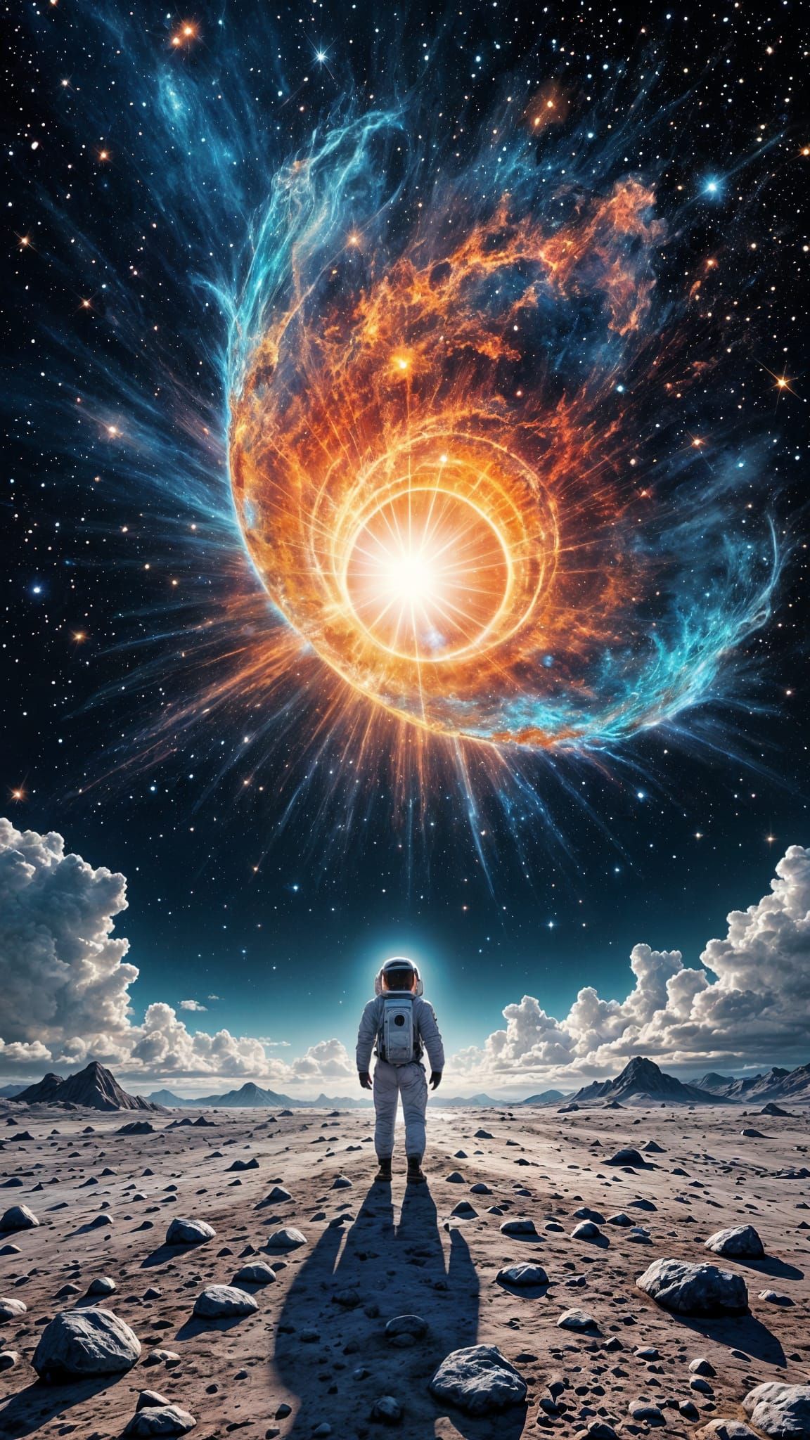 Astronaut Gazing at Nebula on Alien Planet in Abstract Style