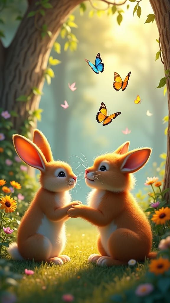Rabbit and Lion Cub Admire Butterflies