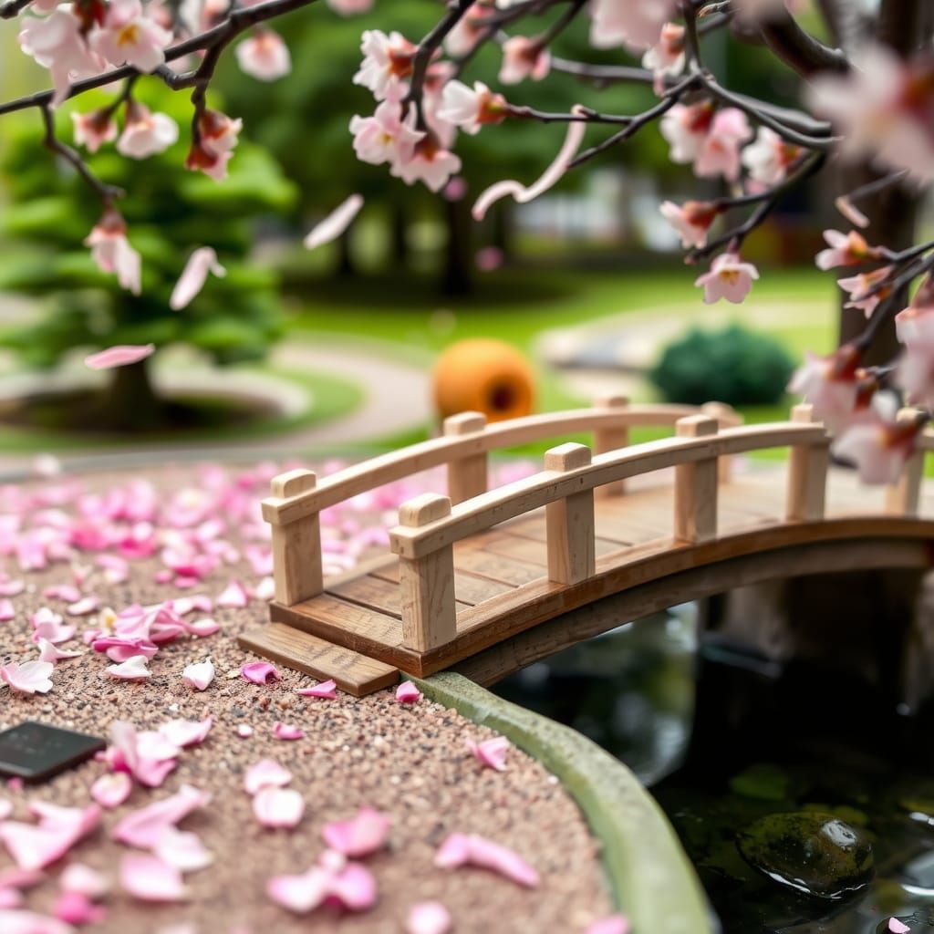 Miniature Wooden Bridge Amidst Falling Sakura Petals