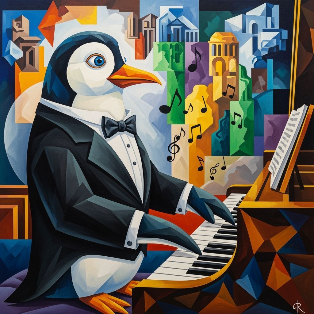 Penguin in Tuxedo Plays Piano in Cubism Style