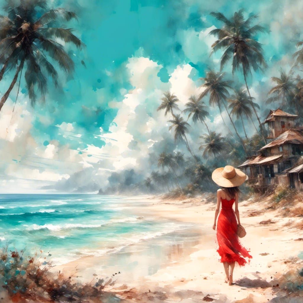 Beach Scene with Figure in Oil Painting Style