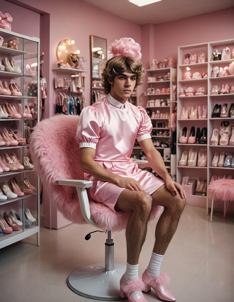 Teen Boy in Babydoll Dress at Wig Shop