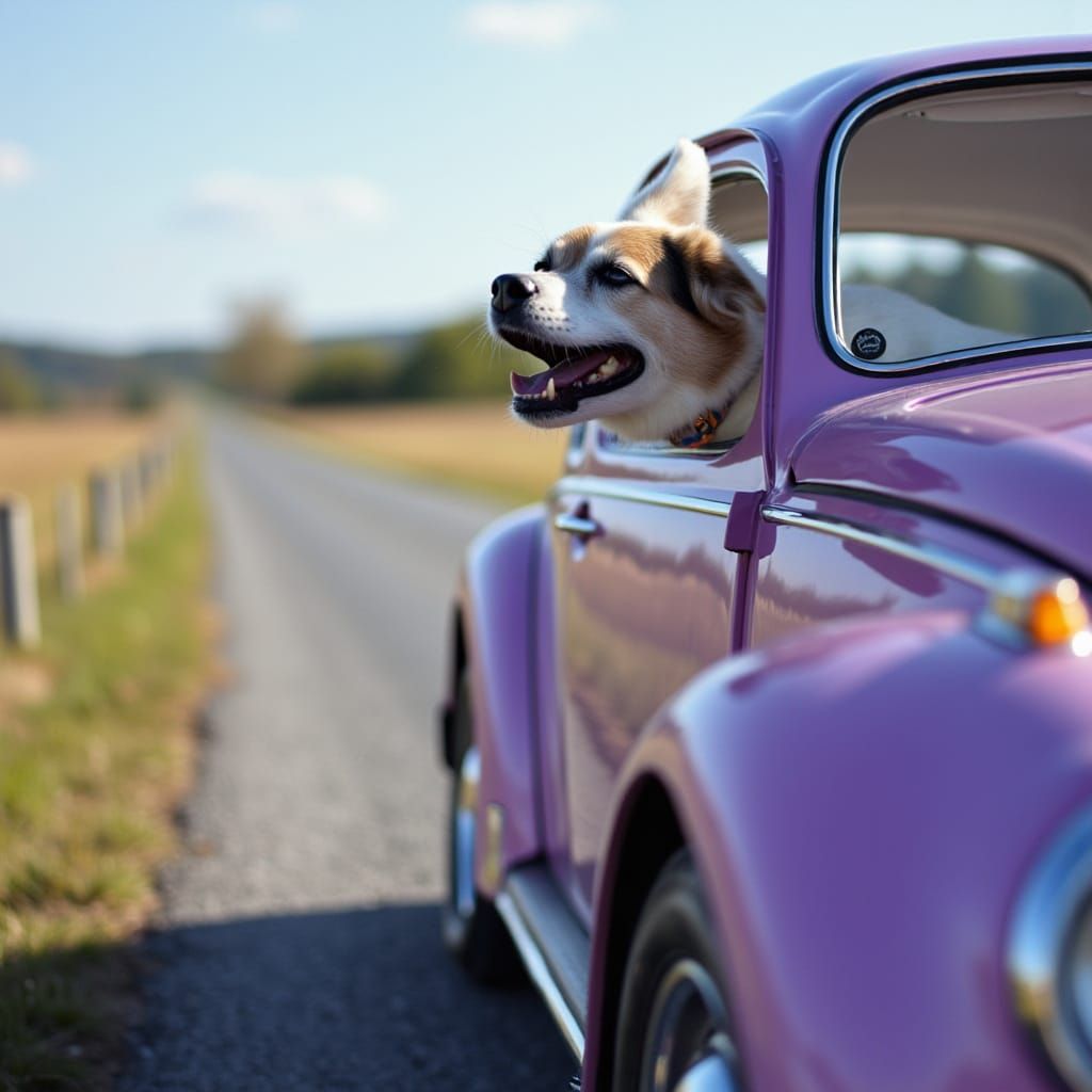 Vintage Beetle with Dog Enjoying Scenic Drive