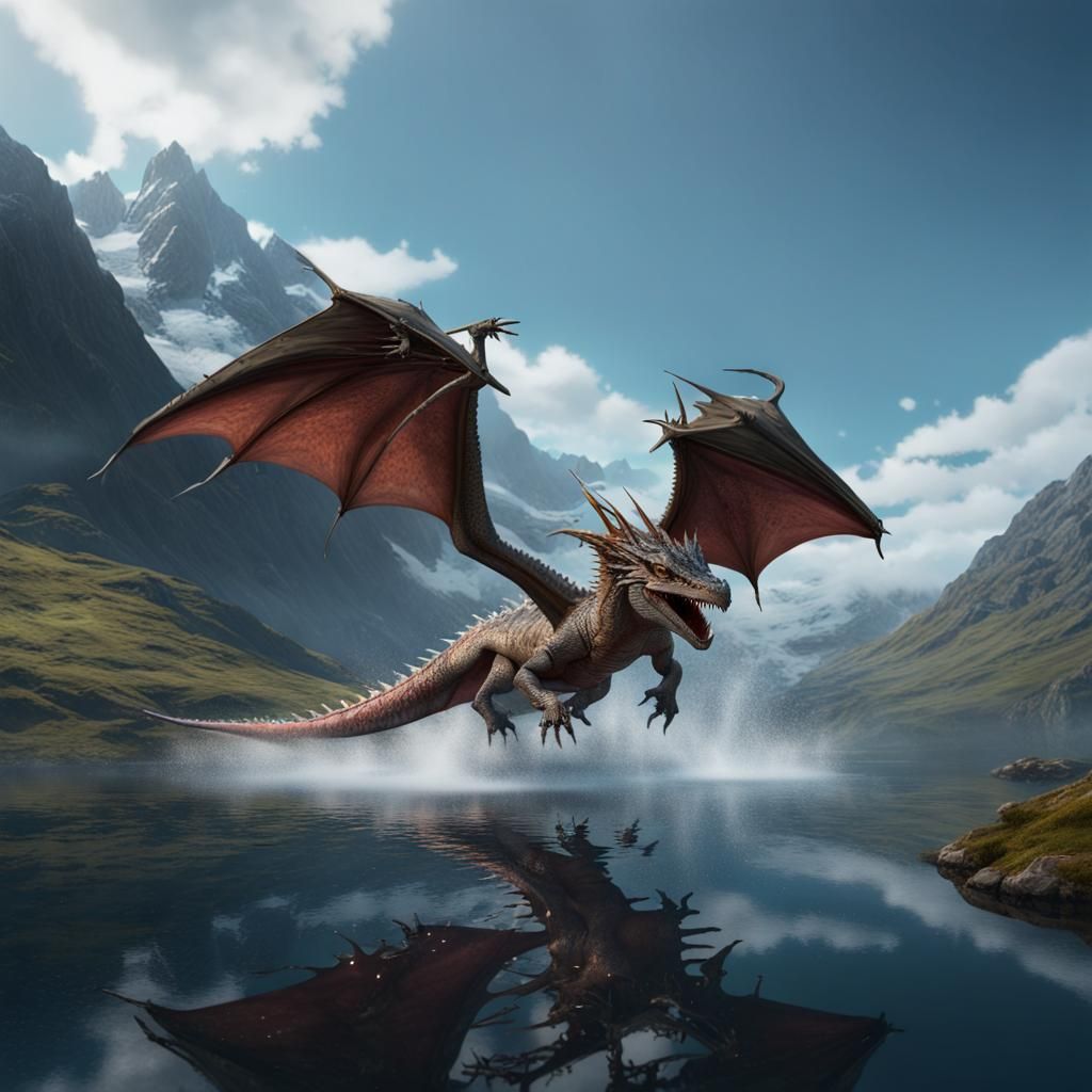 A fantasy water dragon with skin and scales of splashing water flying over a lake between high scottish mountains