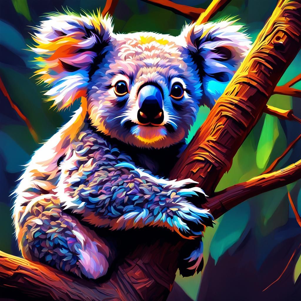 Baby Koala in Tree: Pastel Sketch with Neon Glow