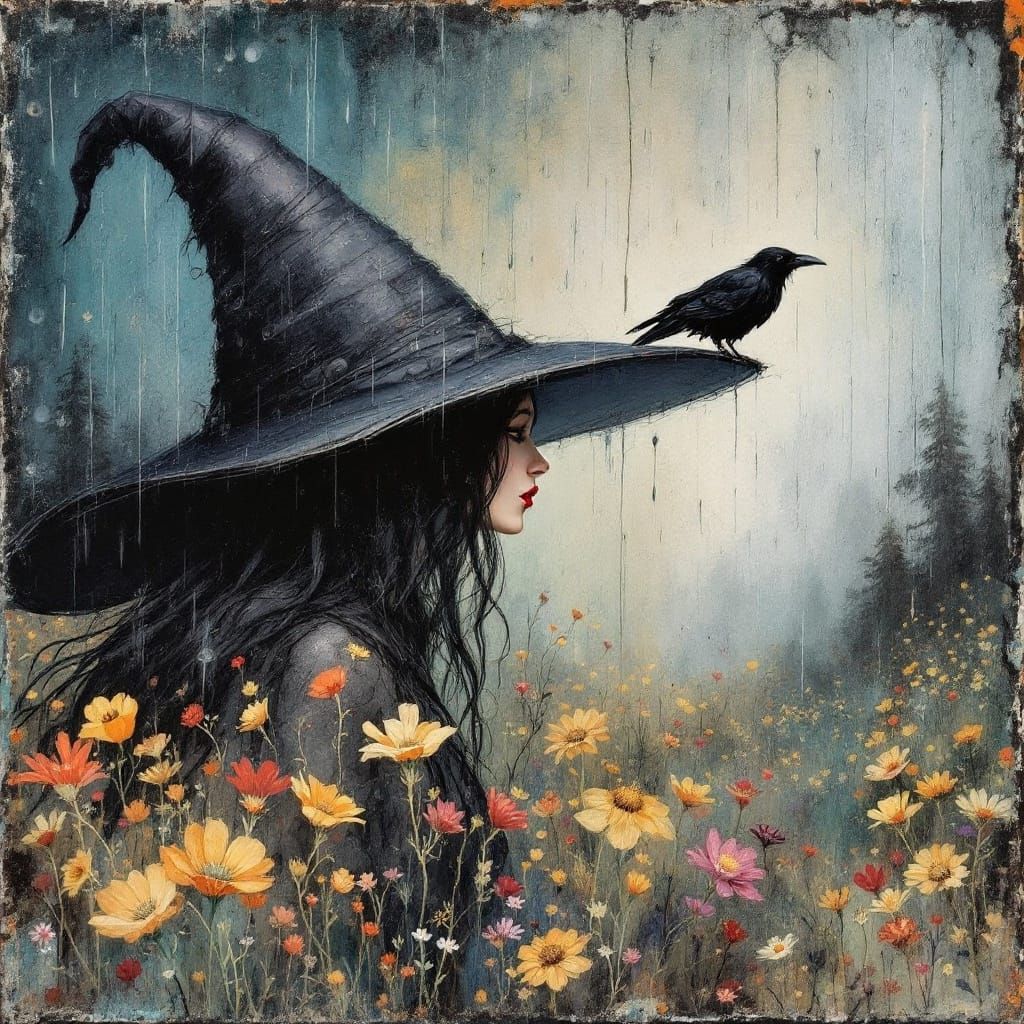 Raven Perched on a Sorceress in Wildflower Field