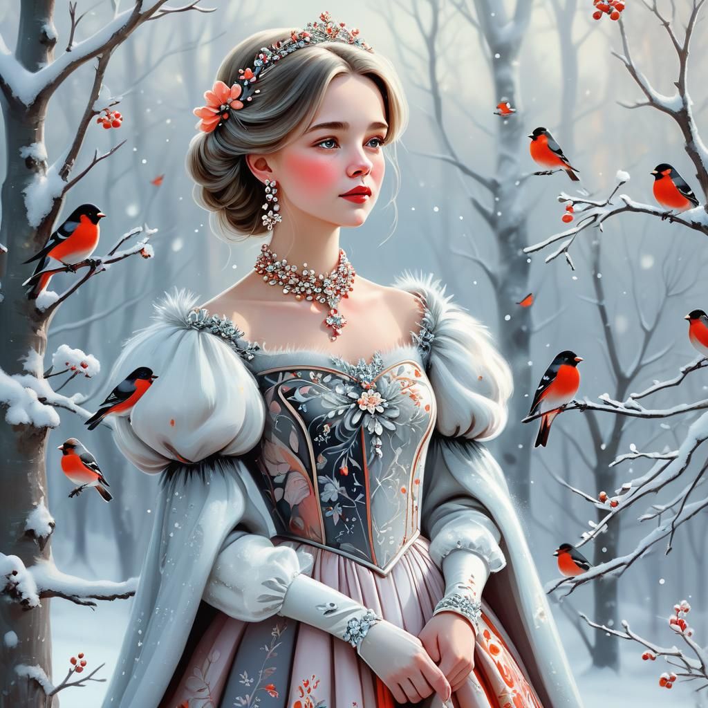 Snowy Forest Princess with Bullfinches: Fairytale Illustrati...