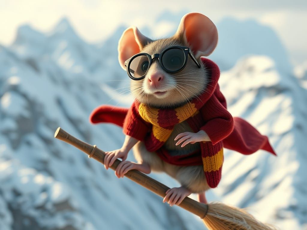 Mouse in Harry Potter Outfit on Flying Broomstick