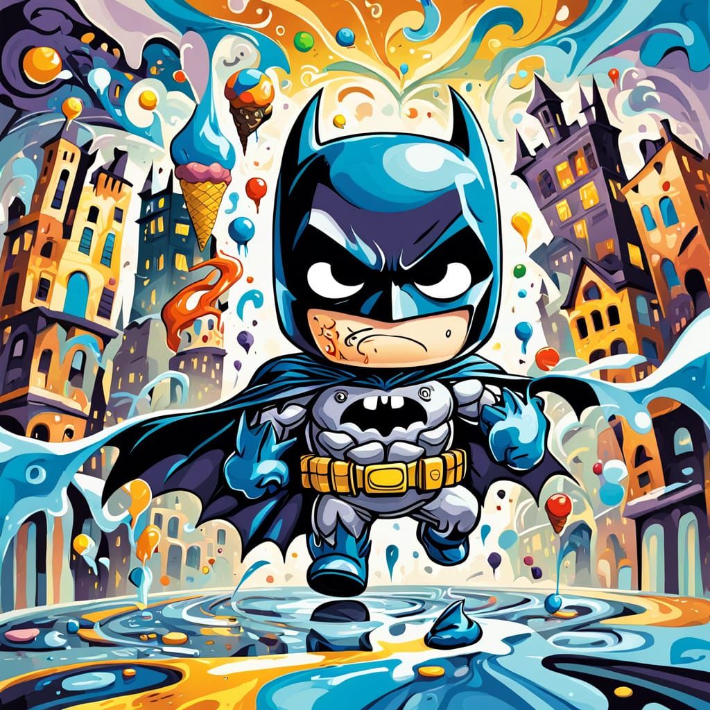 Chibi Batman in Melting Gotham: Surreal Cartoon Cubism