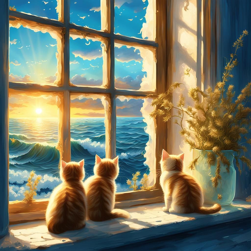 Kittens Gaze at Sea in Dramatic Digital Painting