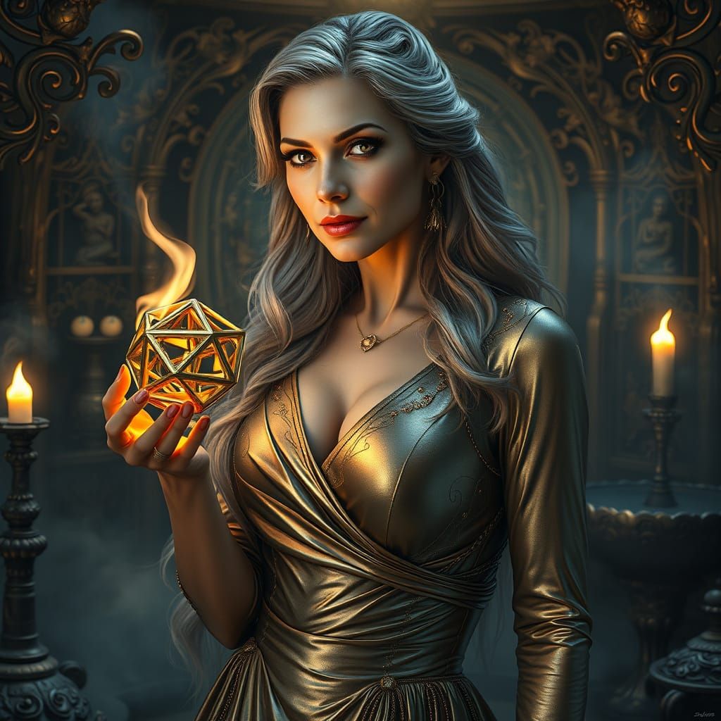 Ethereal Woman in Metallic Dress Amidst Ancient Mystical Set...