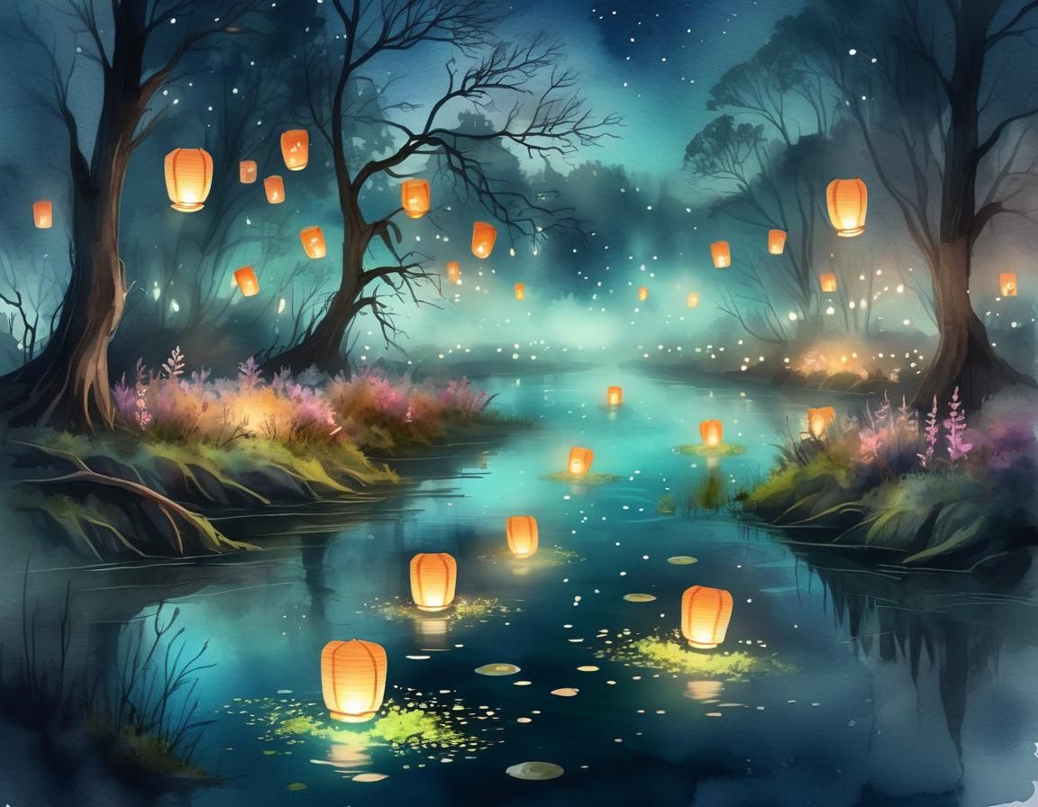 Bioluminescent River with Floating Lanterns in Watercolor