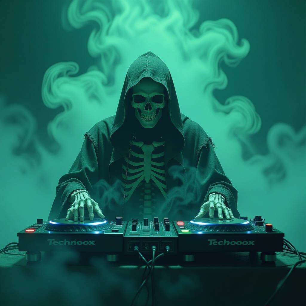Grim Reaper DJs in Gothic Style with Neon Accents