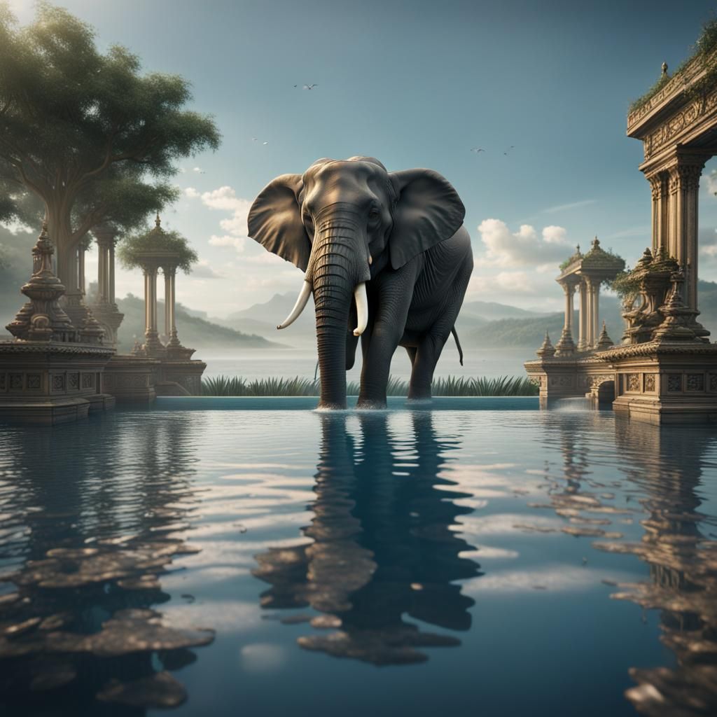 Elephant Swimming in Infinity Pool: Detailed Matte Painting