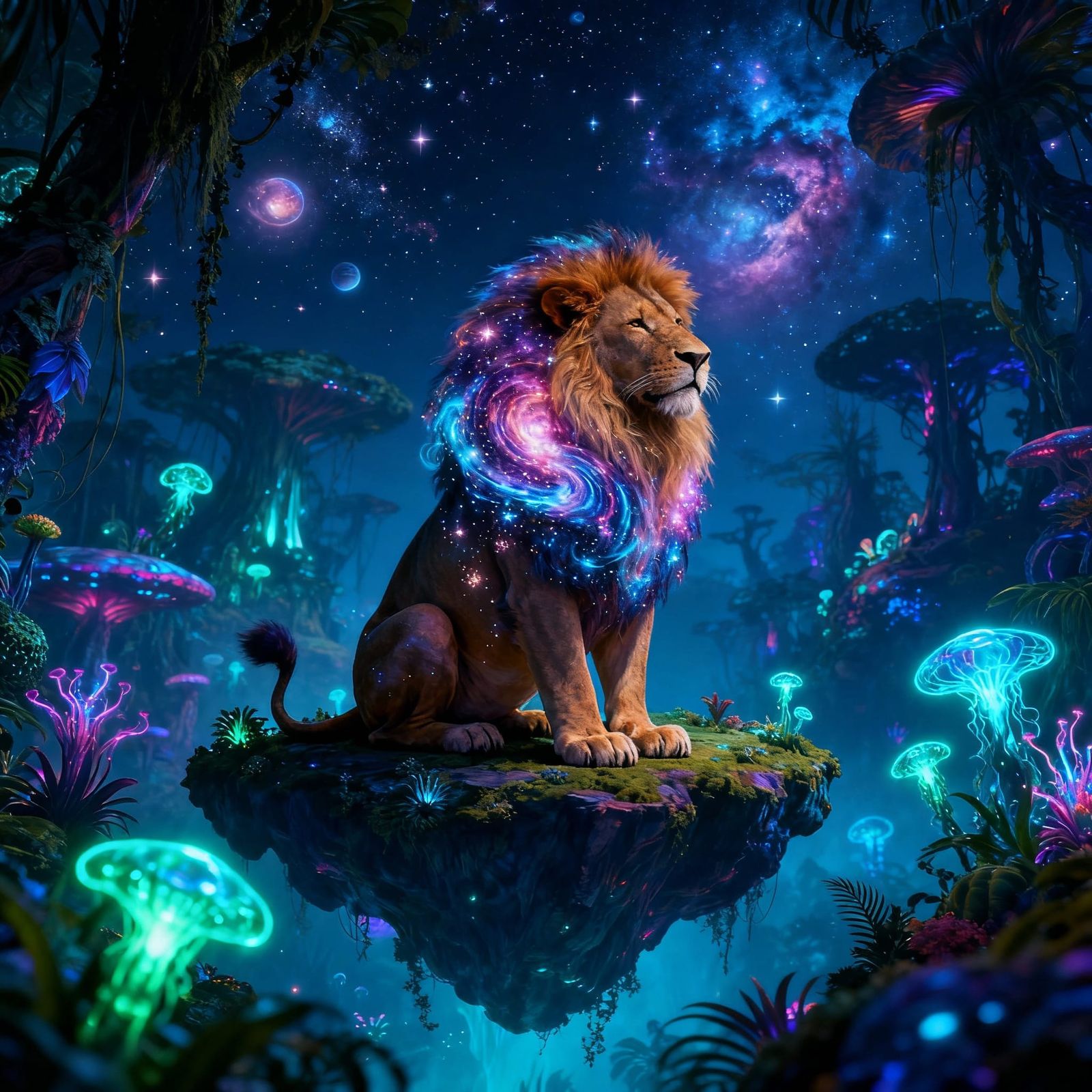 Cosmic Lion on Floating Island