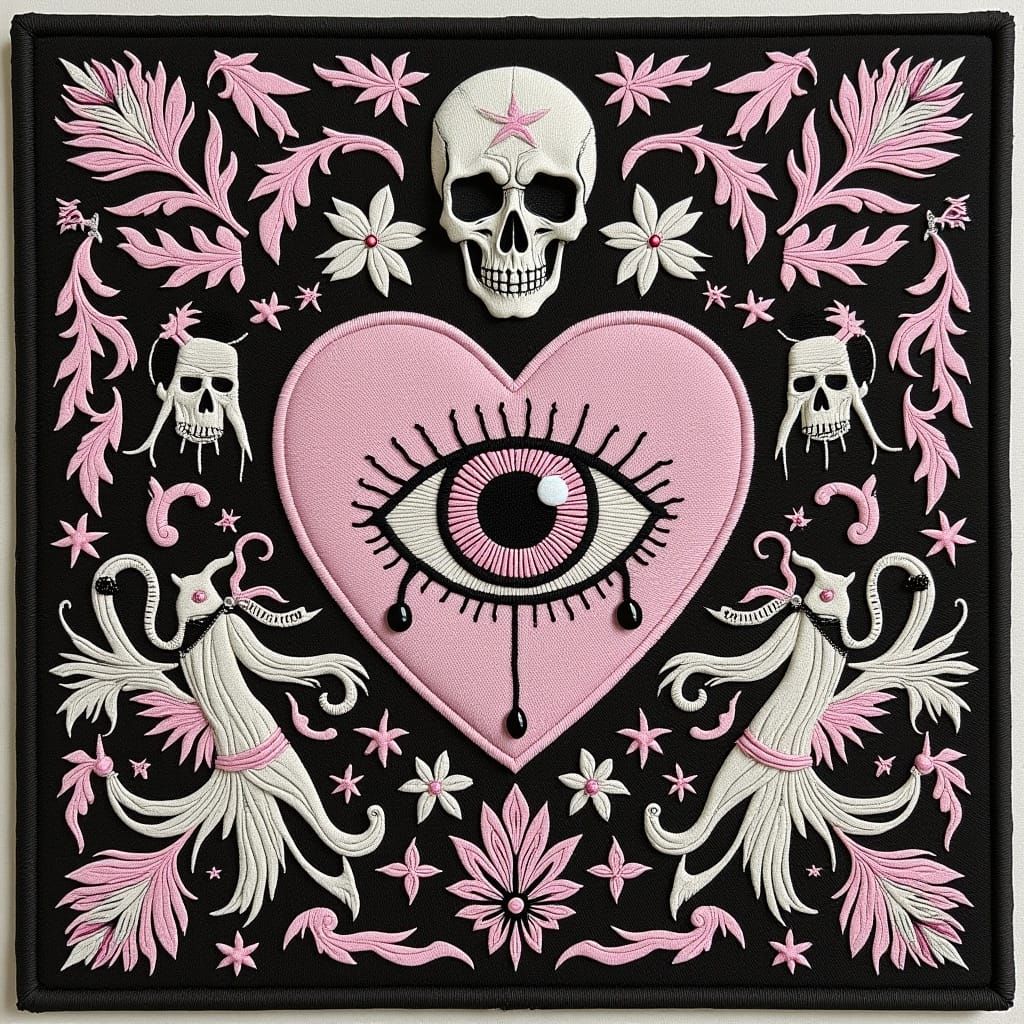 Macabre Heart Embroidery in Gothic Surrealism Style
