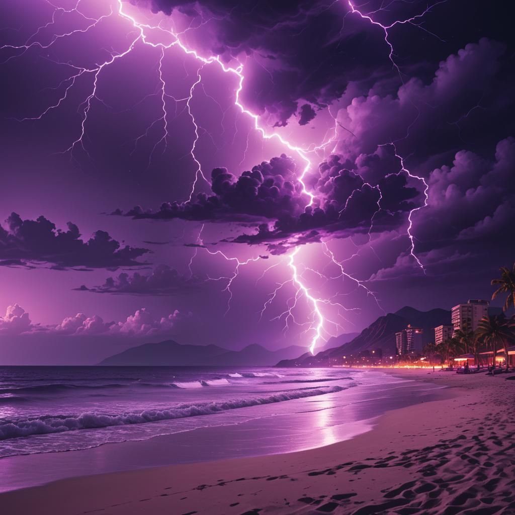 Purple Lightning Strikes Beach in Synthwave Style