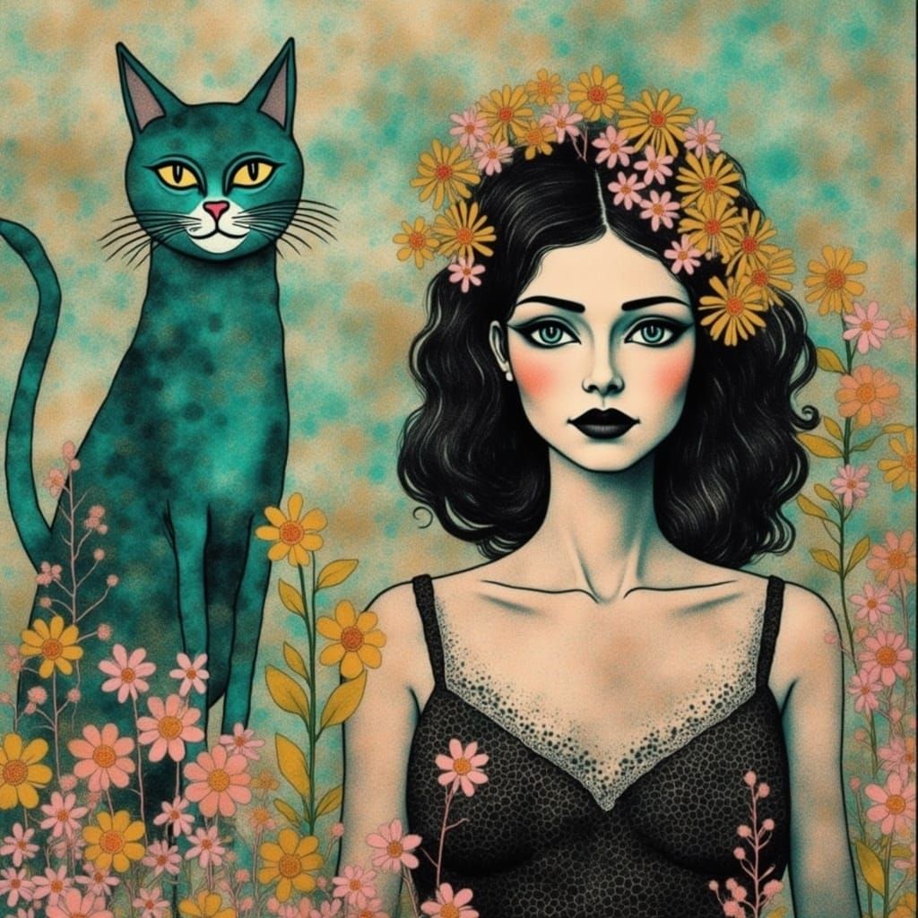 Woman, Mermaid Cat: Nostalgic Hand-Drawn Illustration