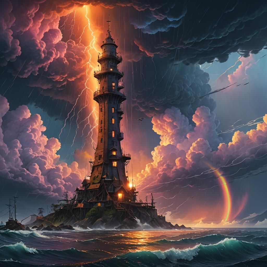 Rainbow Tower Over Stormy Sea: Fantasy Art
