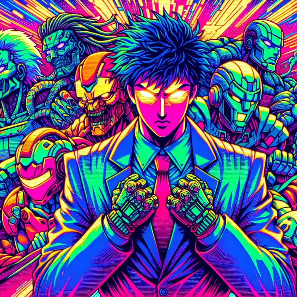 Manga Character in Synthwave Neon Landscape