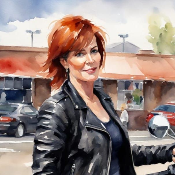 Watercolor of a Woman with Motorcycle in Impressionism Style