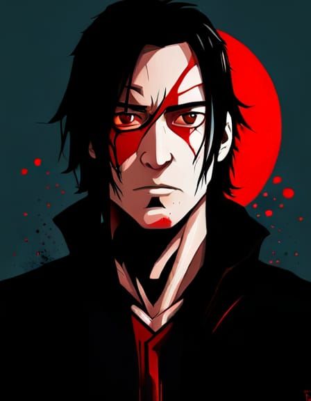 Anime Demon Slayer with Red Eyes in Gouache Style