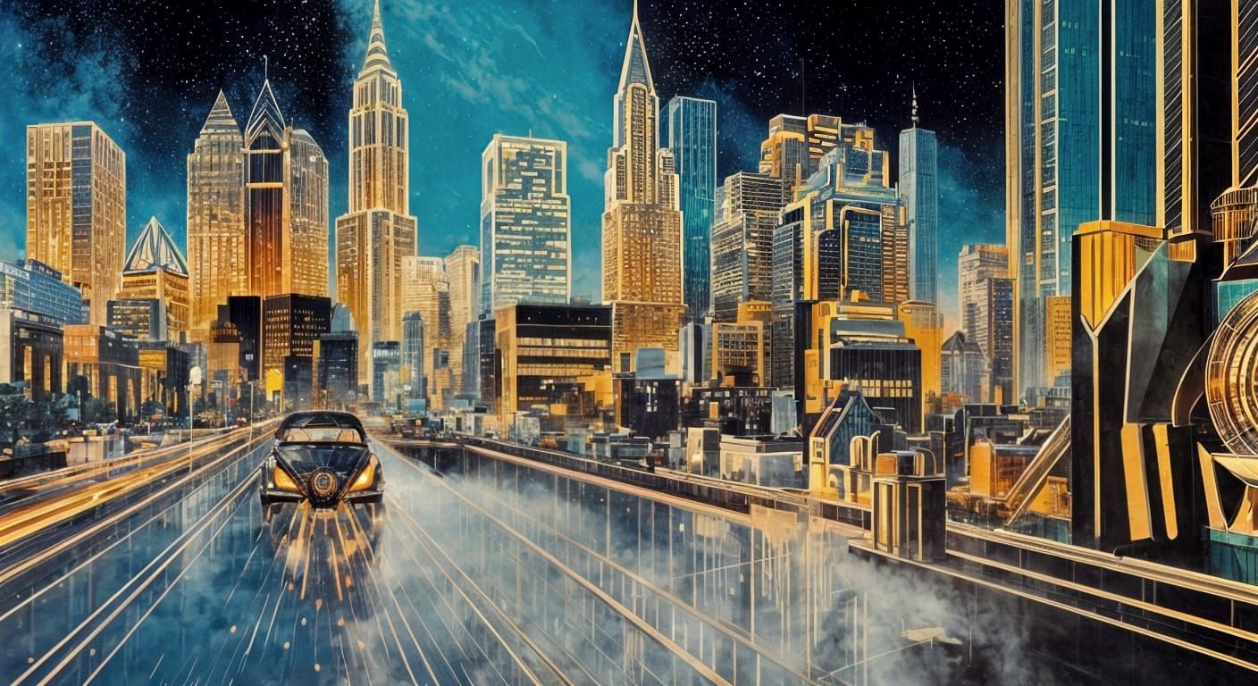 Art Deco Cityscape with Retrofuturist Flair