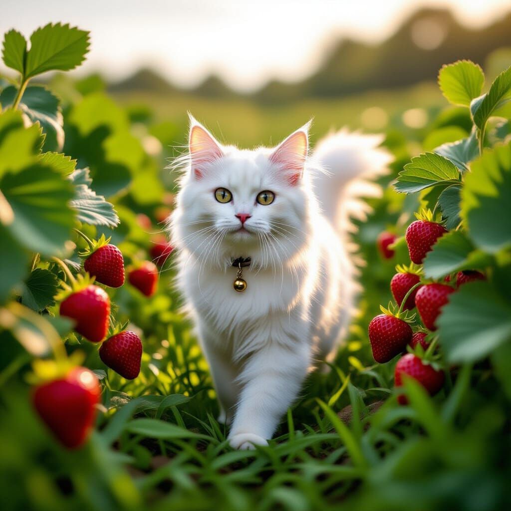 White Cat in Strawberry Field, Hyperrealistic Art