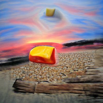 Hyperrealistic Cheese on Beach at Sunset