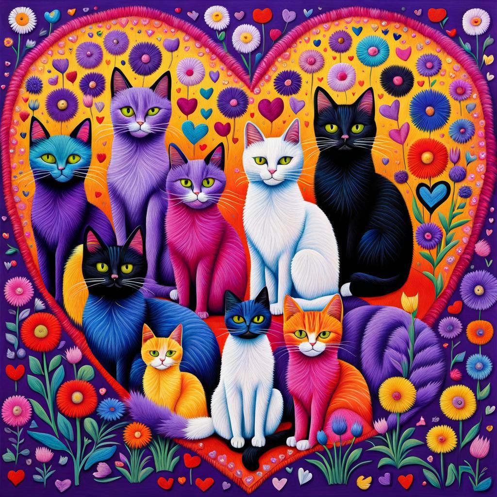 Psychedelic Fur Cats in Rows with Heart Flowers