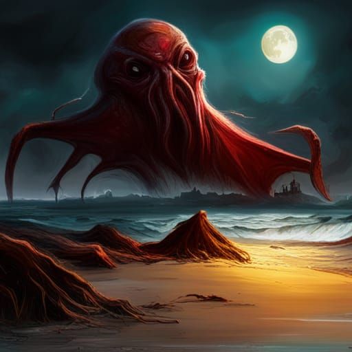 Cthulhu Invasion on a Beach Under Moonlight