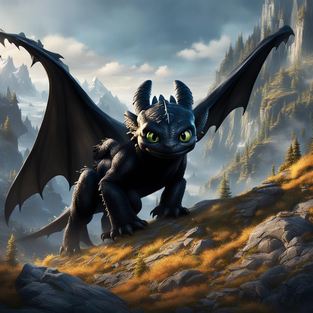 Toothless in Mountain Landscape: Digital Matte Painting