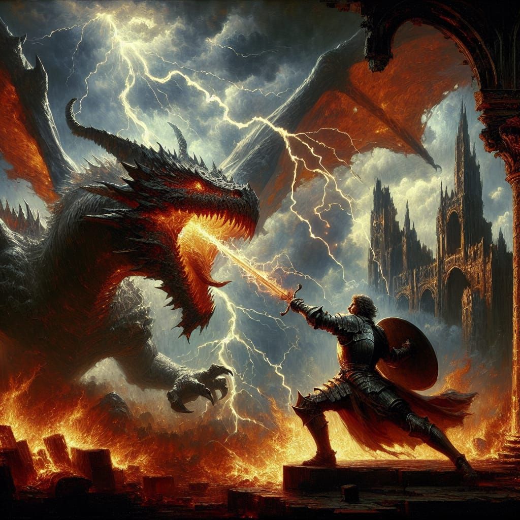 Visualize a dramatic battle scene featuring a knight fightin...