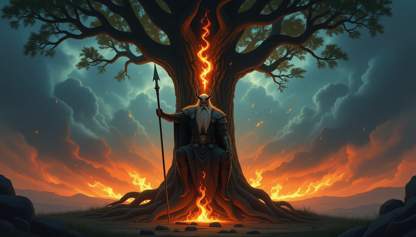 Odin's Sacrifice on Yggdrasil in Stormy Sky