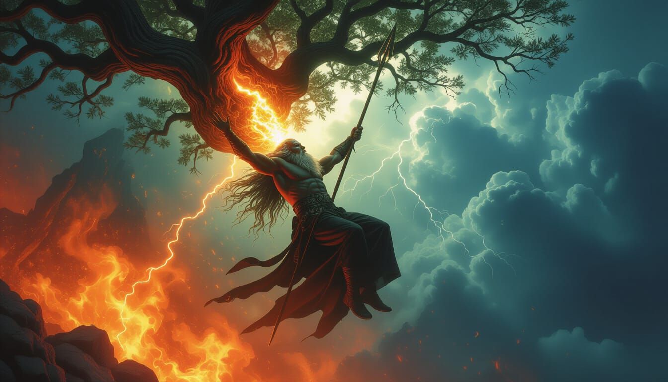 Odin's Sacrifice on Yggdrasil in Stormy Sky, Digital Paintin...