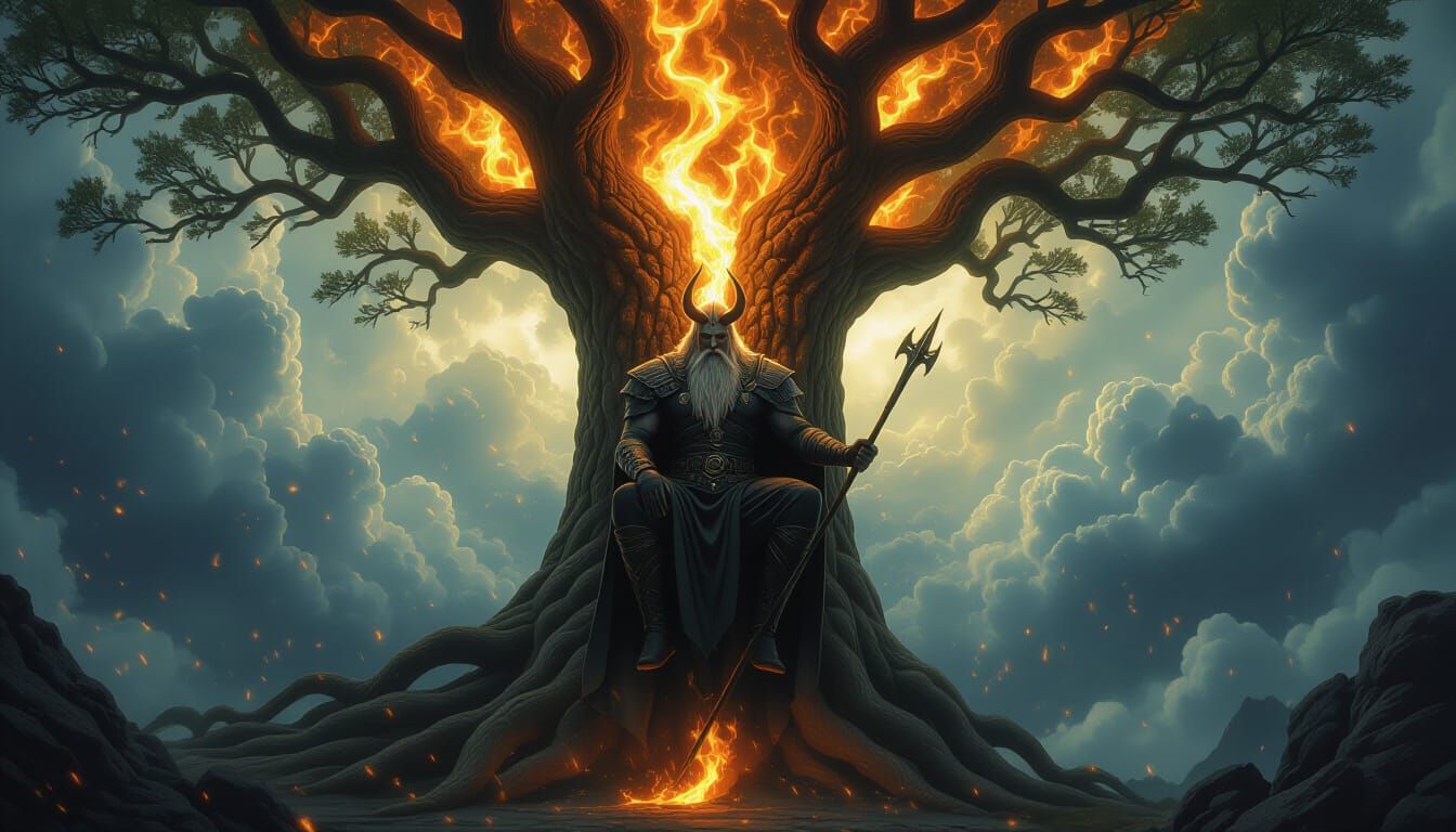 Odin's Sacrifice on Yggdrasil in Digital Painting Style